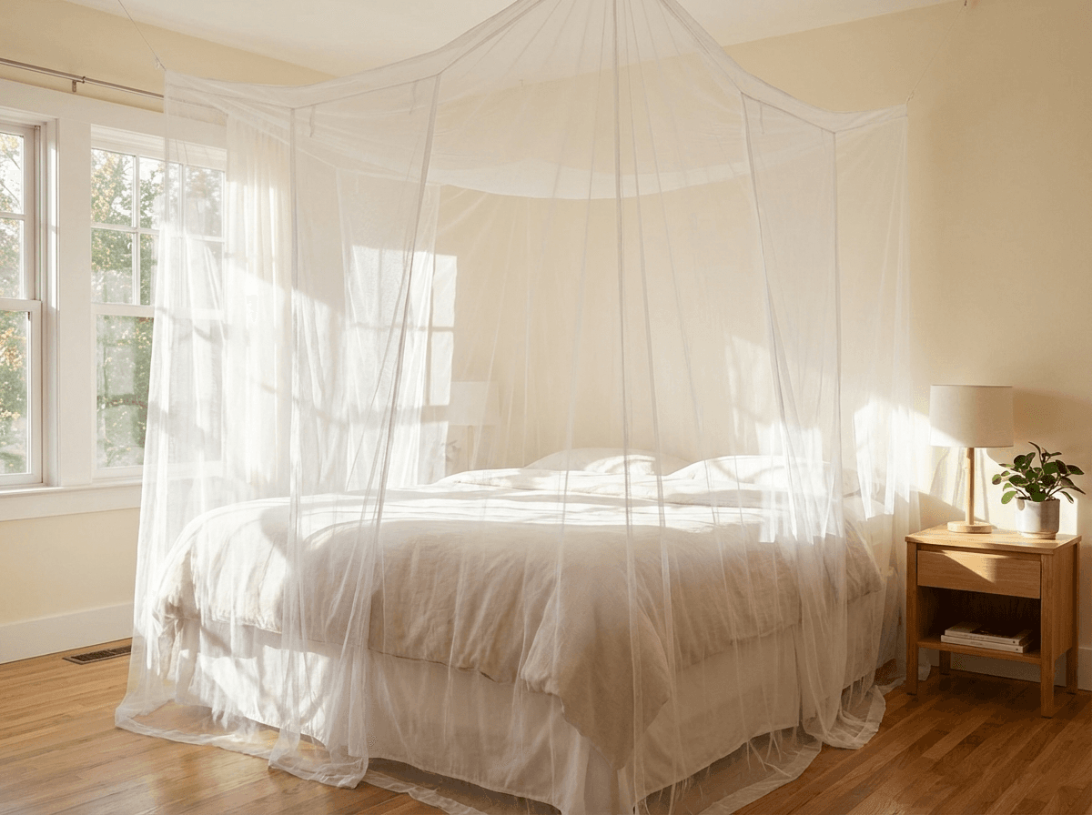 Mosticare Cubo Tre WHO-prequalified king-bed mosquito net hung over a European king bed in a bright master suite.