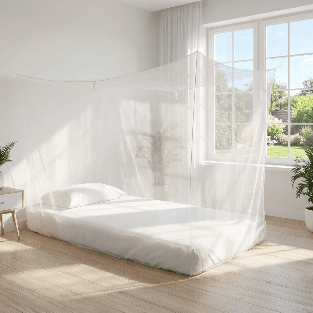 Mosticare Cubo Uno WHO-prequalified single-bed mosquito net hung over a European single bed in a bright, plant-filled bedroom.