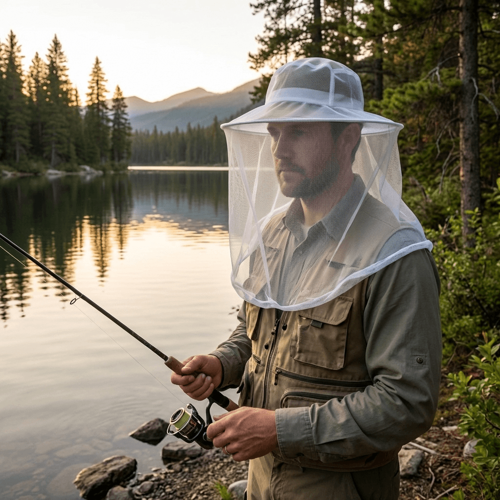 Mosticare Volto WHO-prequalified mosquito head net worn over a wide-brim hat during evening gardening.
