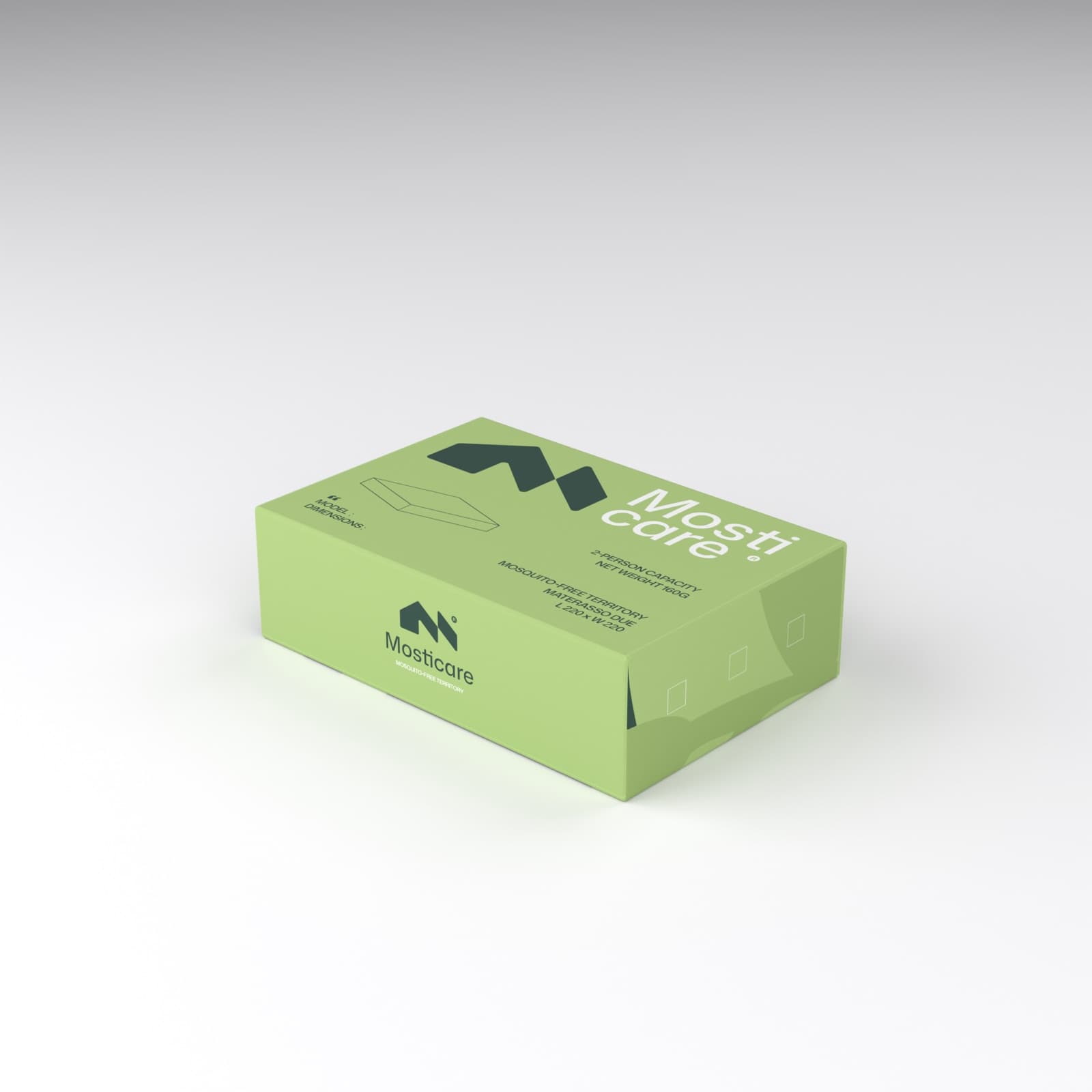 Mosticare Materasso Due packaging, closed box, brand-green carton